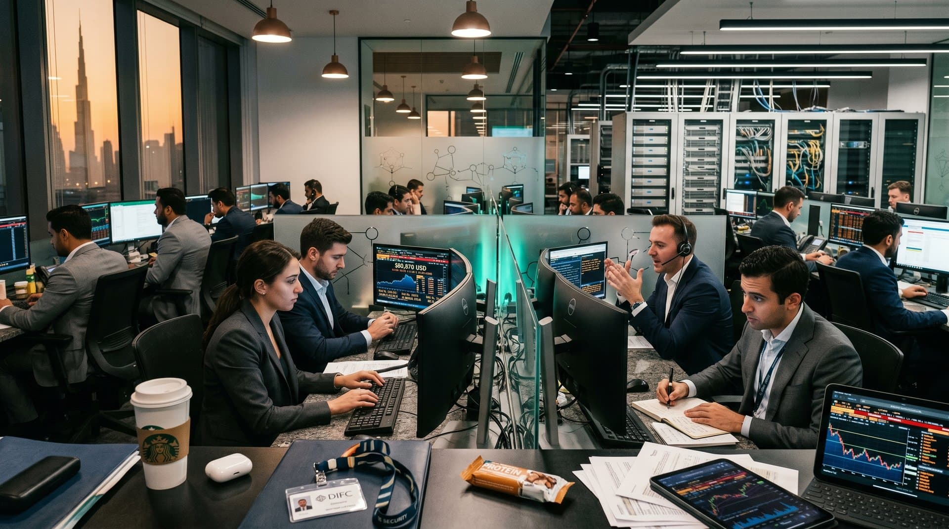 DIFC trading floor monitors crypto prices and sanctions alerts in bustling fintech hub overlooking Burj Khalifa