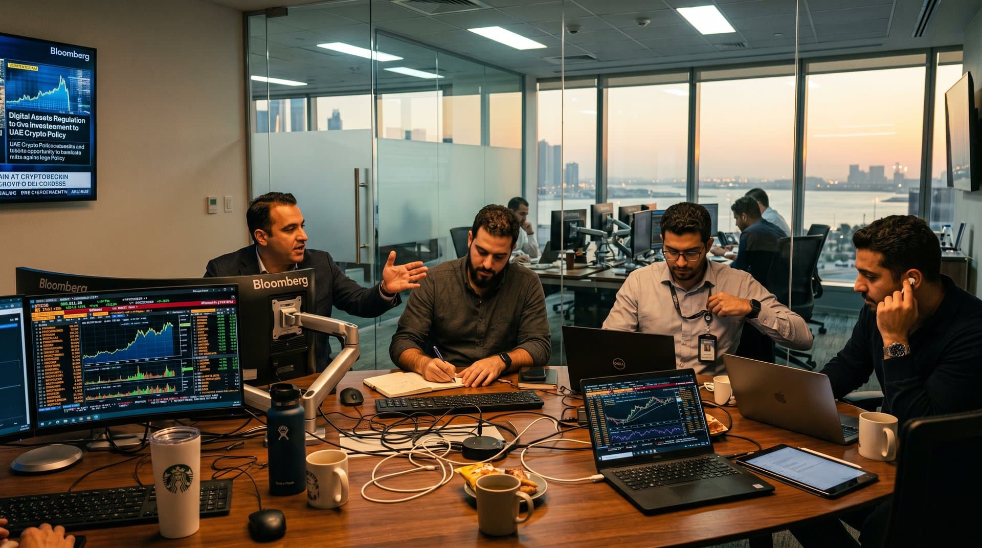 Abu Dhabi investment office analysts review Hyperliquid crypto charts on terminals amid UAE skyline