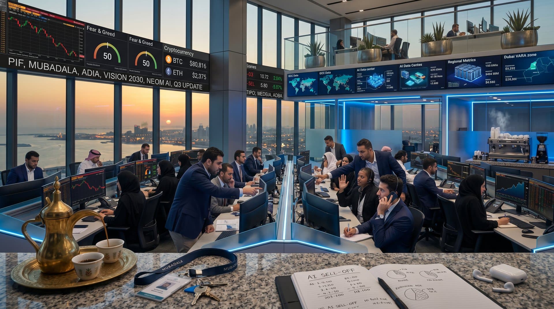 Analysts in Abu Dhabi trading room monitor Nvidia AI sell-off charts and crypto prices with skyline view
