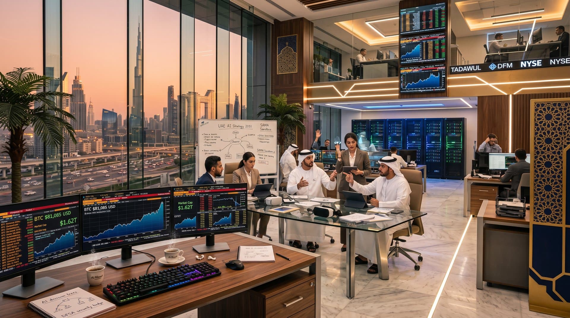 Futuristic DIFC fintech hub with AI dashboards, crypto charts, Bloomberg terminals, and collaborative tech setups overlooking Burj Khalifa at dusk