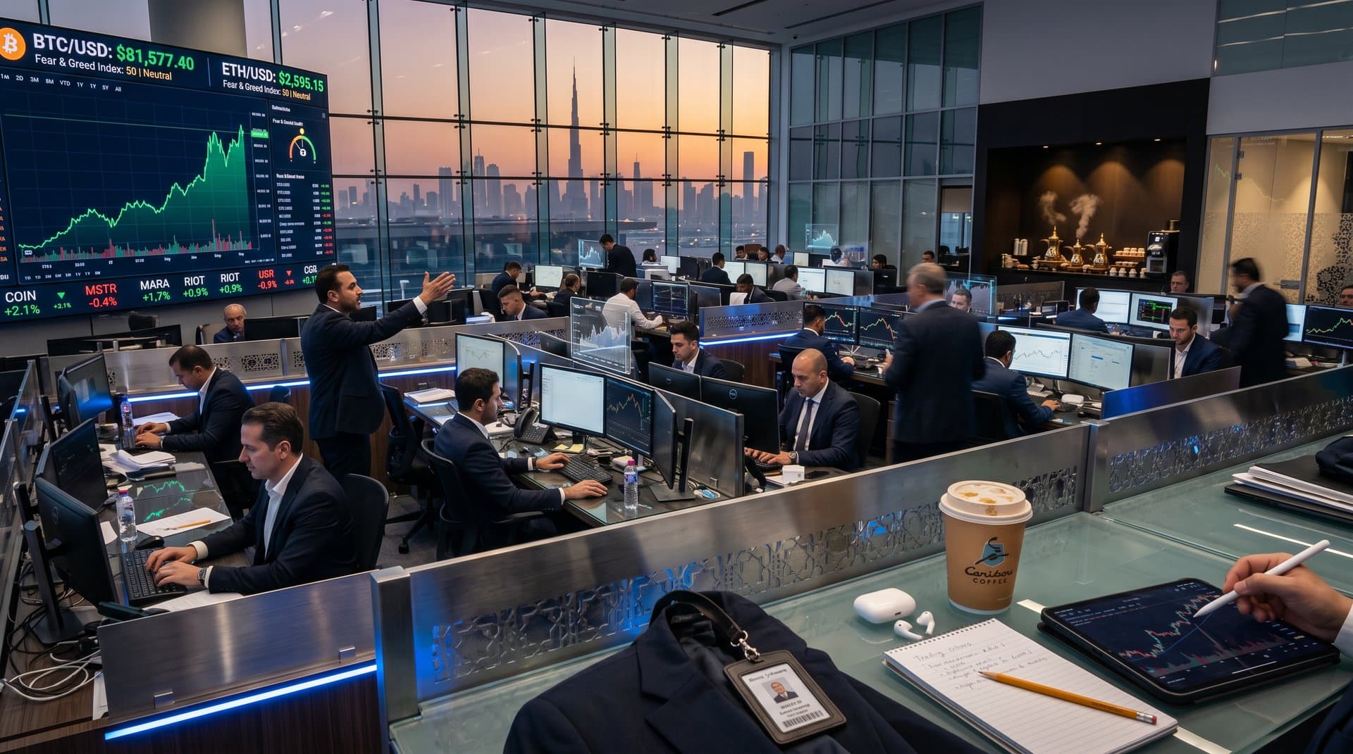 Traders monitor cryptocurrency stocks and Bitcoin charts on screens in Gulf financial trading floor with city skyline