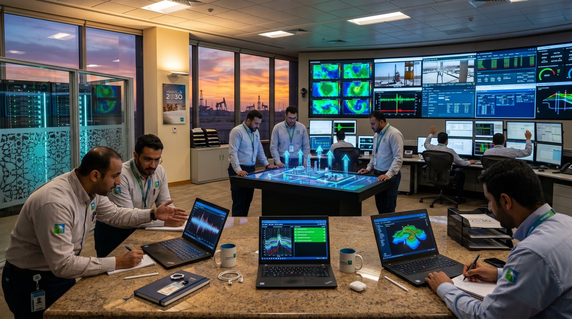 Engineers collaborate on AI dashboards and holographic refinery models in Aramco's modern Dhahran tech control room with multi-screen displays