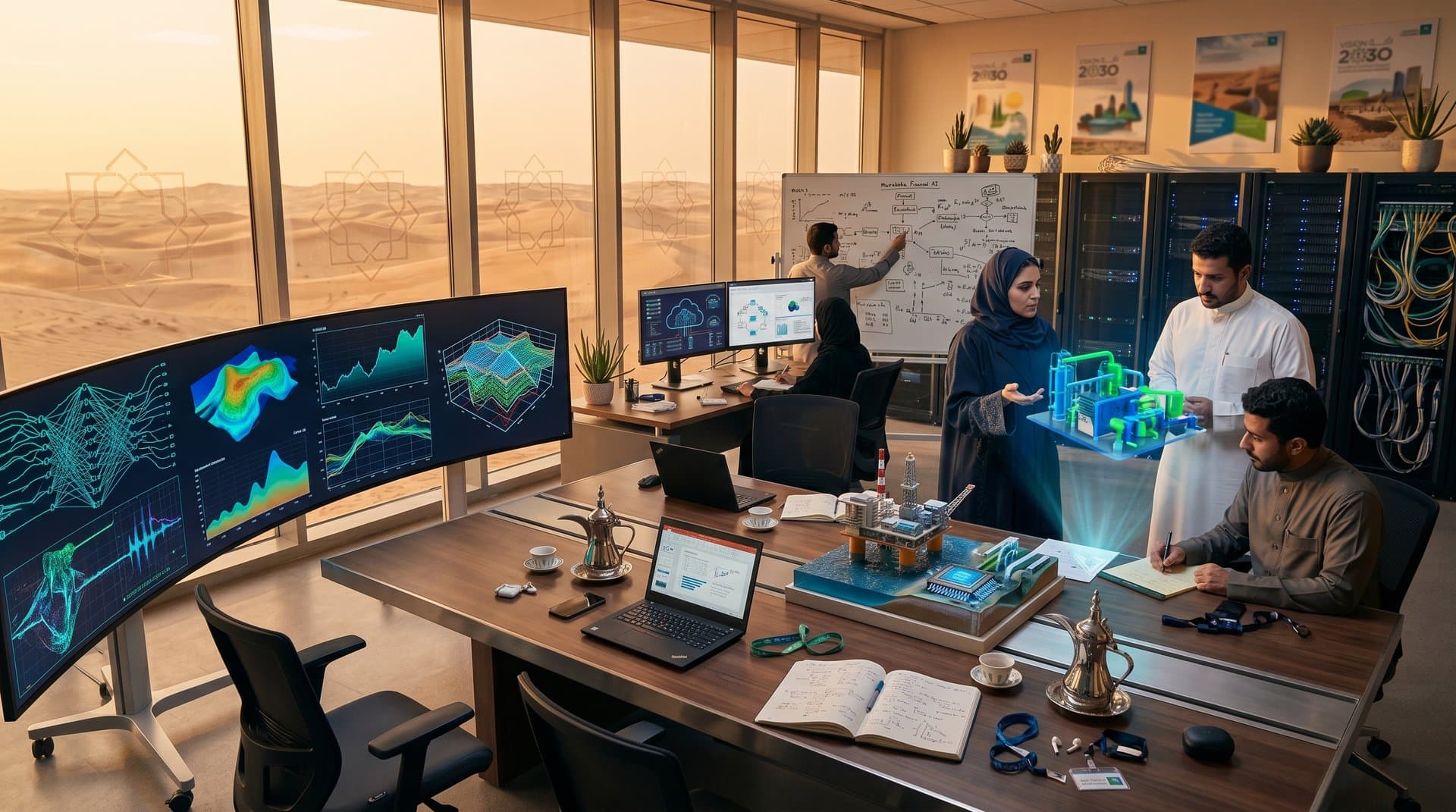AI neural networks, watsonx dashboards, and energy tech visuals in futuristic Saudi Aramco lab overlooking desert landscape