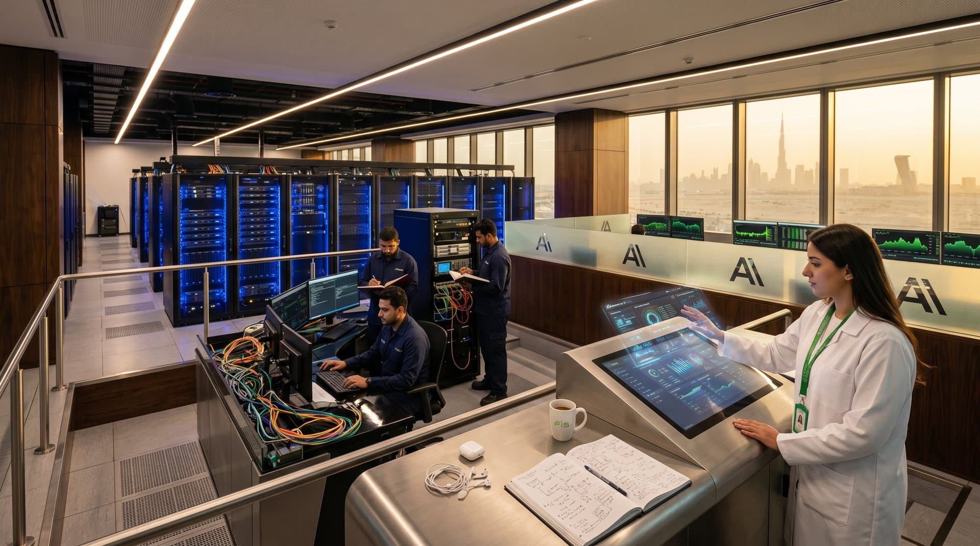 Engineer monitors Anthropic AI agent dashboards amid server racks and team in Abu Dhabi FIS data center
