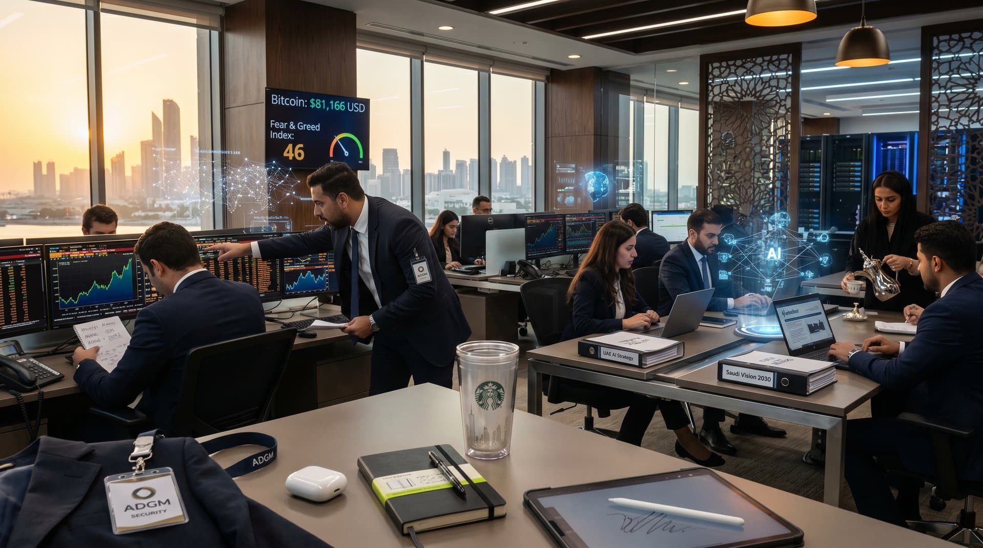 Trading floor at ADGM with AI stock charts, energy tickers, and Gulf skyline views