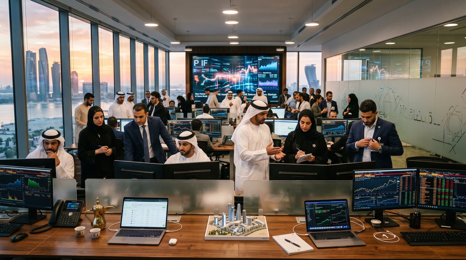 Abu Dhabi trading floor with Bloomberg terminals showing BlackRock new asset class tokenized HELOCs and Gulf fintech charts