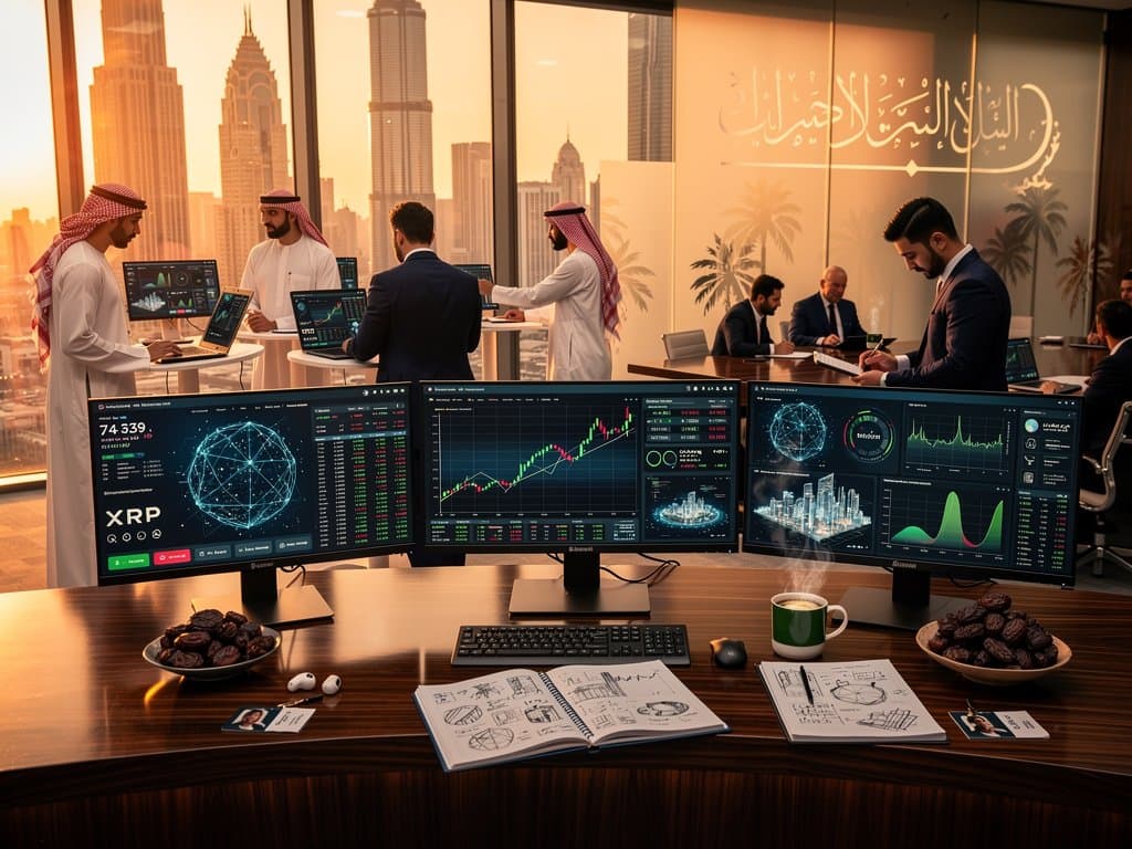 Riyadh financial district trading floor with AI and BTC charts on monitors, analysts reviewing data under LED lights with skyline view
