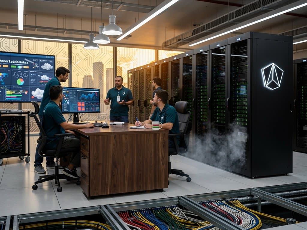 Glowing GPU racks, cooling mist, fiber cables, and NOC video walls in Riyadh Tier IV data center for AI