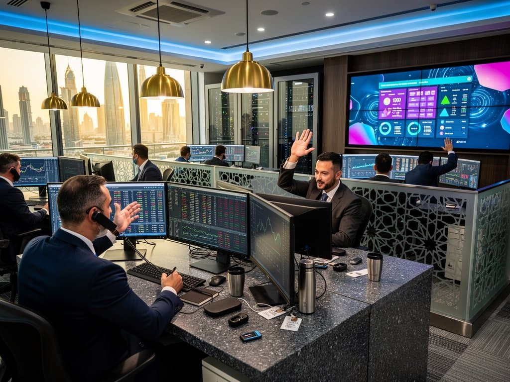 Abu Dhabi trading floor with Bloomberg terminals showing BTC at $74,728 and blockchain charts in modern Gulf finance hub