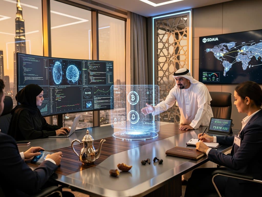 AI professionals analyze neural networks and market data in SDAIA Riyadh briefing room overlooking skyline