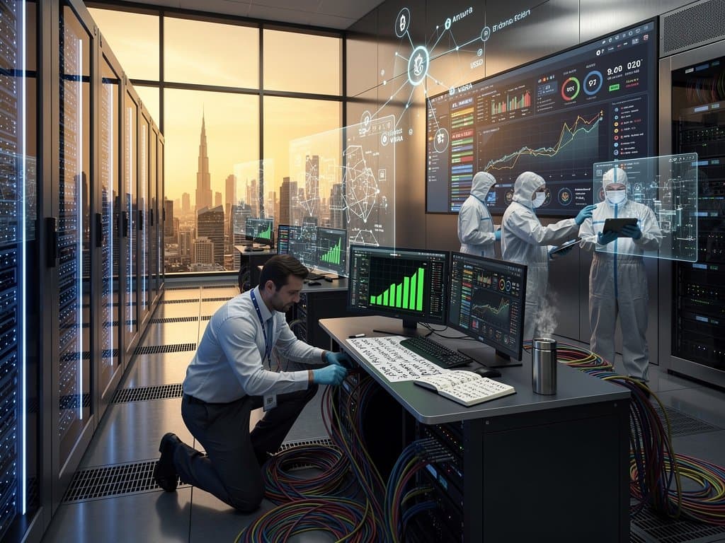 Glowing server racks and monitors in Dubai data center displaying BTC charts at $74,862 USD, blockchain graphs, VARA compliance, and 99.999% uptime under LED lights
