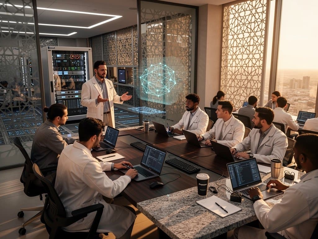 NEOM AI research facility with glowing server racks, holographic projections, and modern Gulf tech interior under natural light