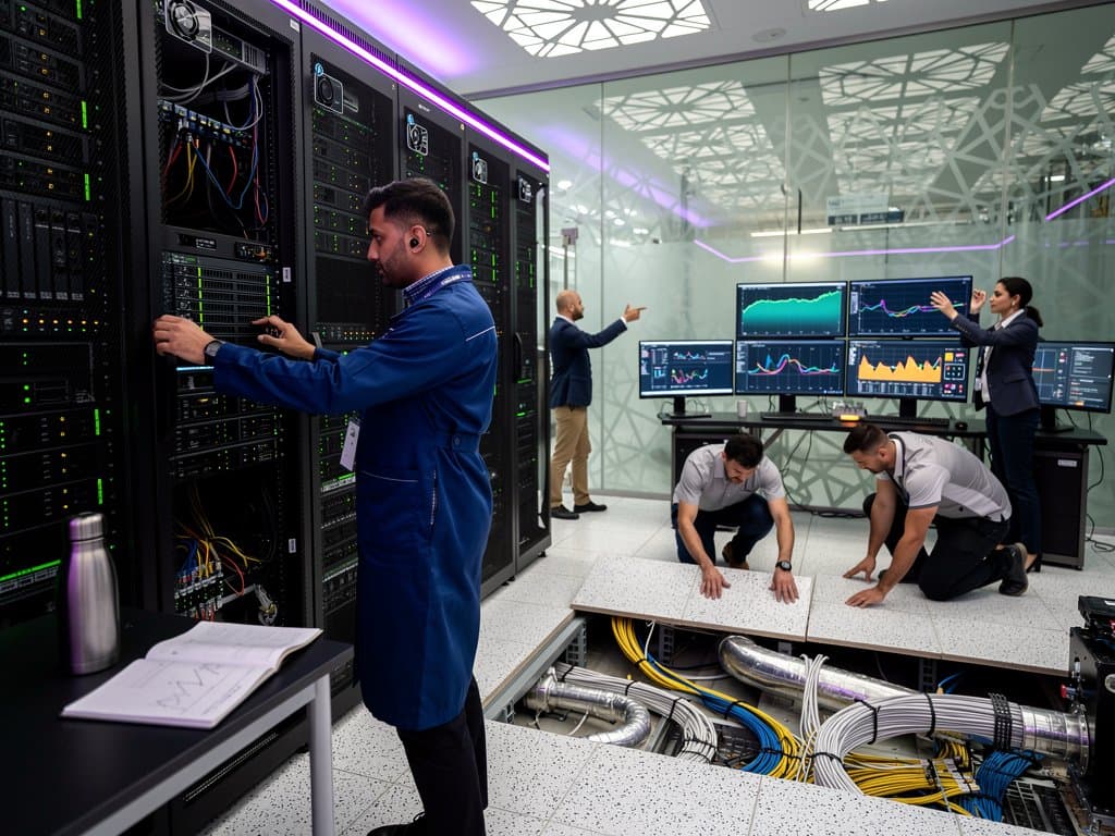 Engineers in UAE data center lift floor tiles exposing cables amid glowing AI server racks and power monitors under LED lights with desert sunset view