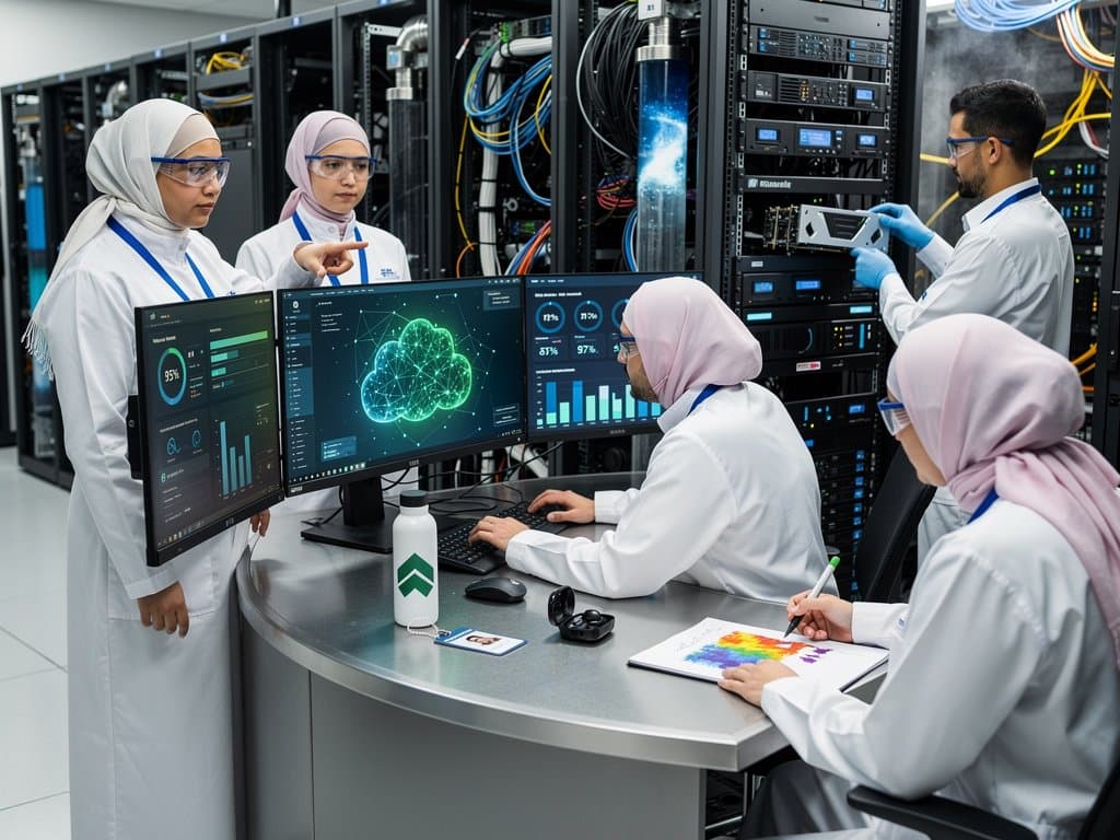 Riyadh data center team monitors AI dashboards amid glowing NVIDIA GPU servers and Riyadh skyline at dusk, highlighting PIF-driven Saudi Arabia AI market growth
