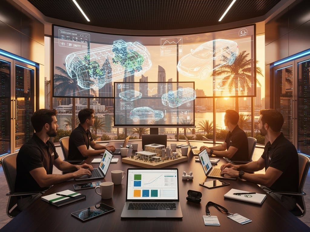 AI lab in Dubai displays EV simulations with Marina skyline view