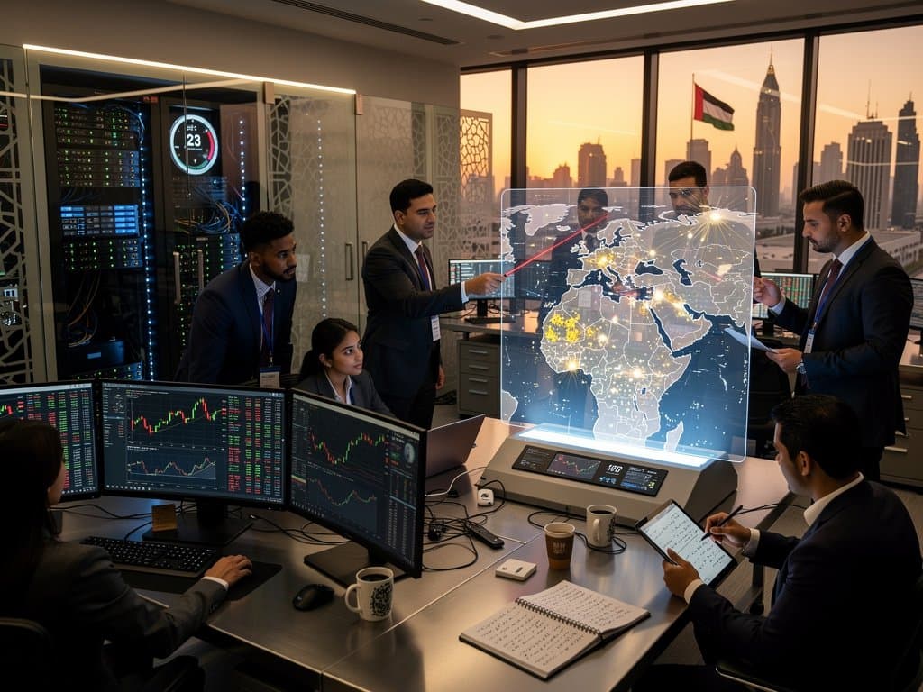 Crypto trading screens show Fear & Greed at 23 and blockchain risks in Abu Dhabi finance hub with Gulf skyline