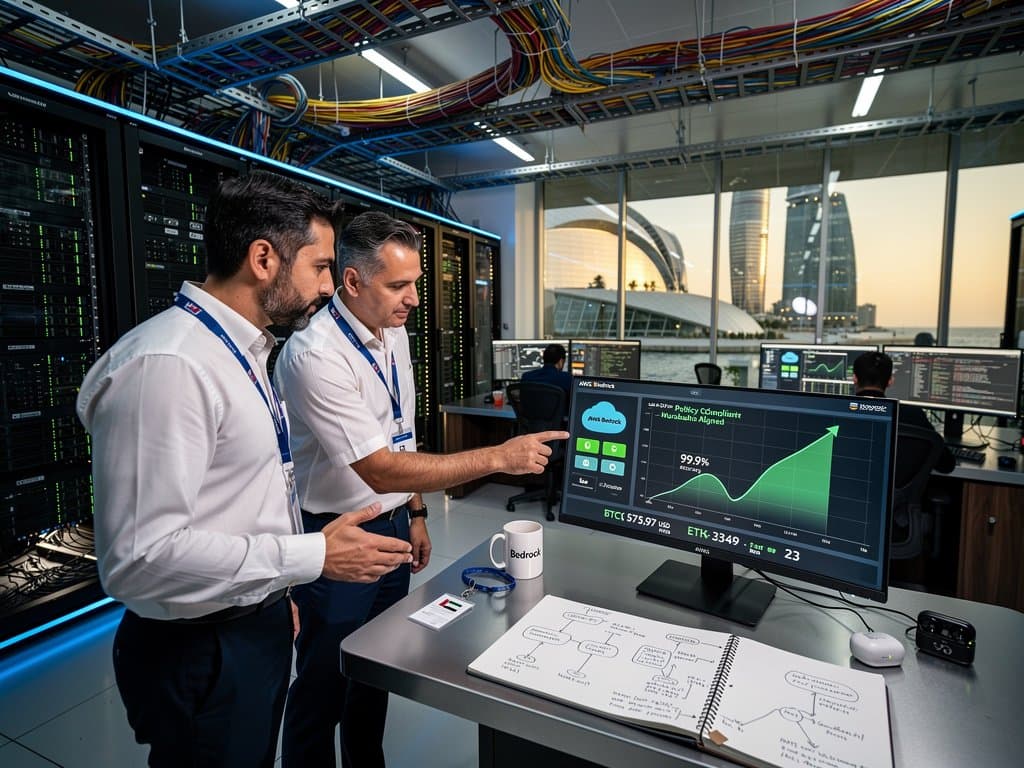 AWS Bedrock automated reasoning compliance dashboards in Abu Dhabi data center with server racks and Gulf skyline