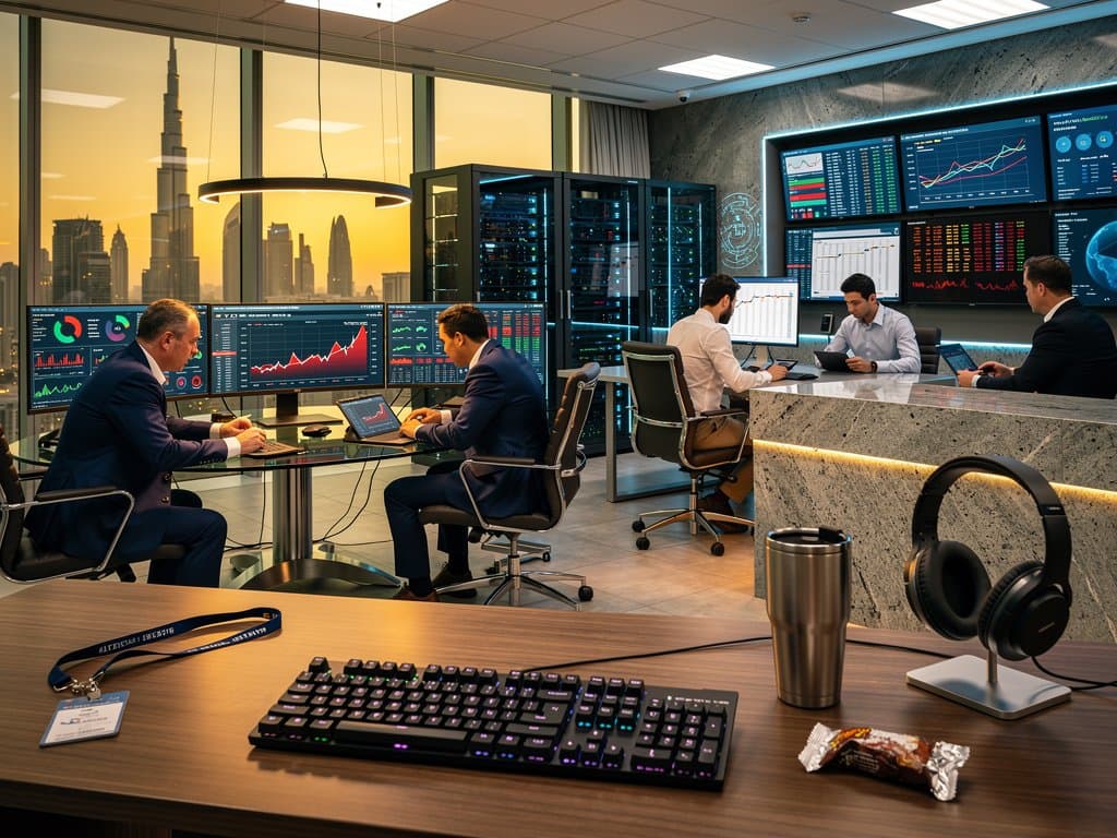 DIFC analysts monitor blockchain transactions on multi-screens amid Burj Khalifa skyline, highlighting Gulf fintech security