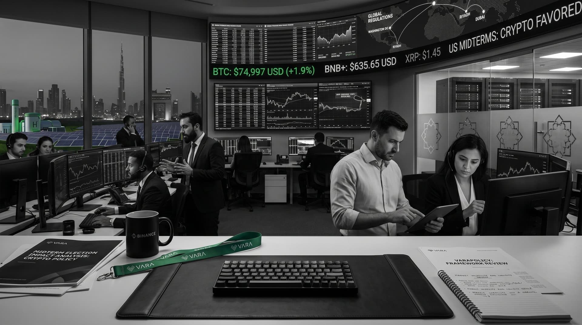 Gulf trading floor displays crypto AI charts and US midterm impacts