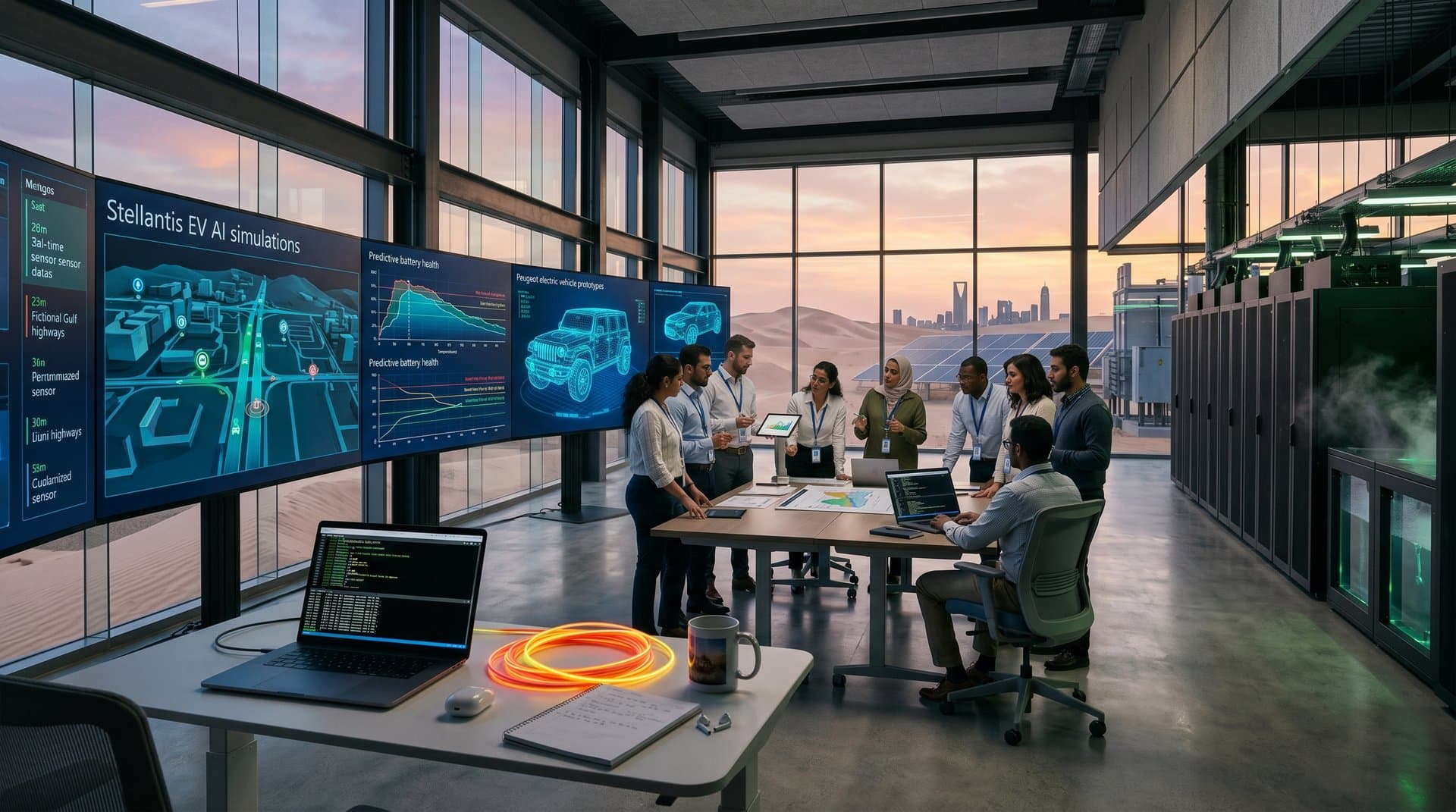 High-tech Azure data center in Gulf with engineers monitoring EV AI dashboards amid server glow and desert vista