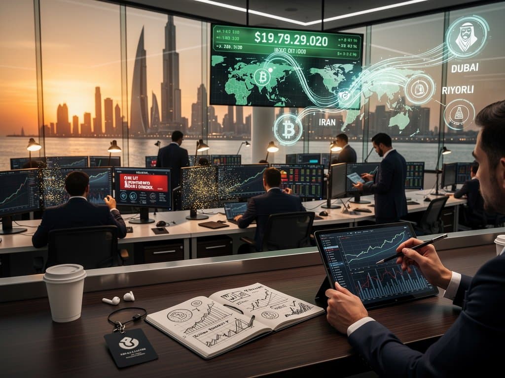 Abu Dhabi skyline with BTC $74,747 digital overlays, Iran-Gulf crypto flows, VARA SAMA logos, blockchain networks in geopolitical finance context