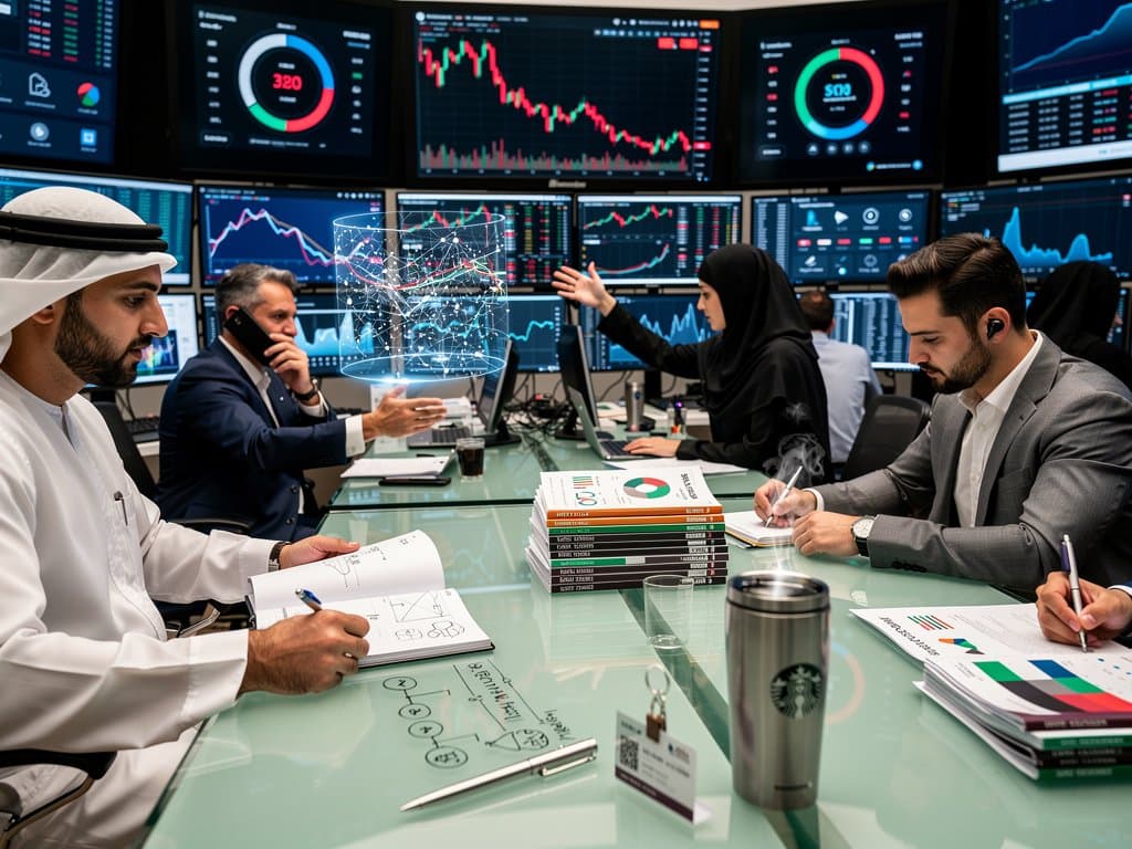 Traders at Bloomberg terminals in DIFC trading floor monitor BTC at $74k and crypto charts amid Gulf skyline view