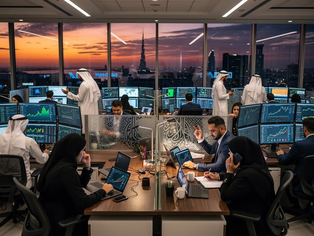 Traders monitor BTC $74K and Iran sanctions news on Nasdaq Dubai floor amid market activity.