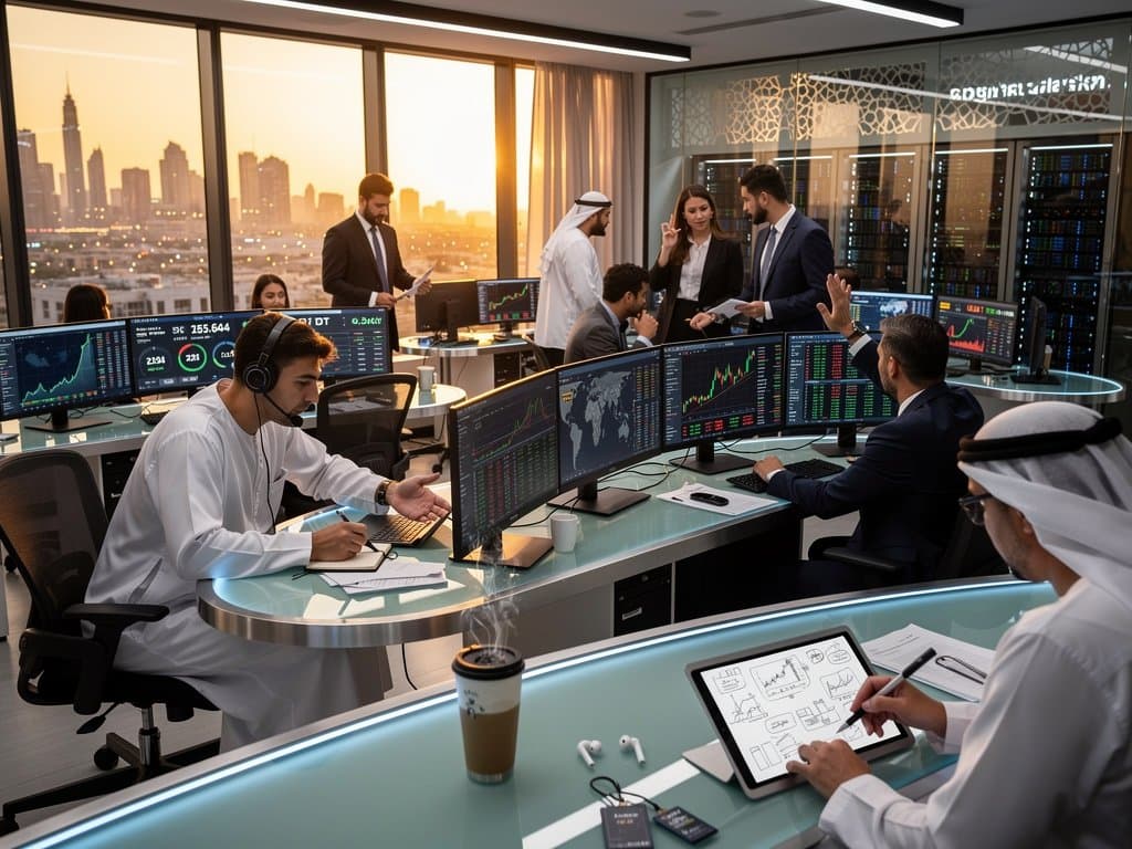 Traders monitor crypto prices on Bloomberg terminals at Mubadala trading floor, screens show BTC $75k and Fear & Greed 21 amid glass partitions and Gulf view