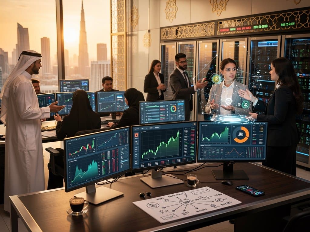 Traders monitor crypto charts on Bloomberg terminals in DIFC trading hall, Bitcoin at $75K amid Burj Khalifa view and energy pilot displays