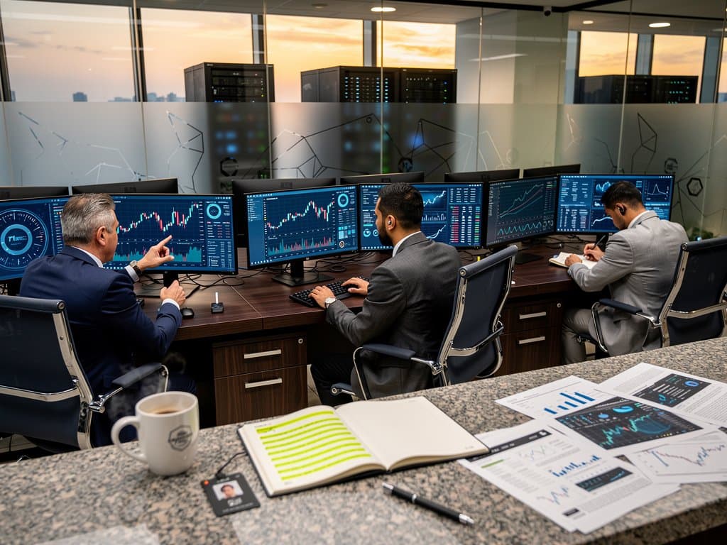 ADGM trading floor analysts monitor crypto charts and Chainalysis dashboards with Abu Dhabi skyline view