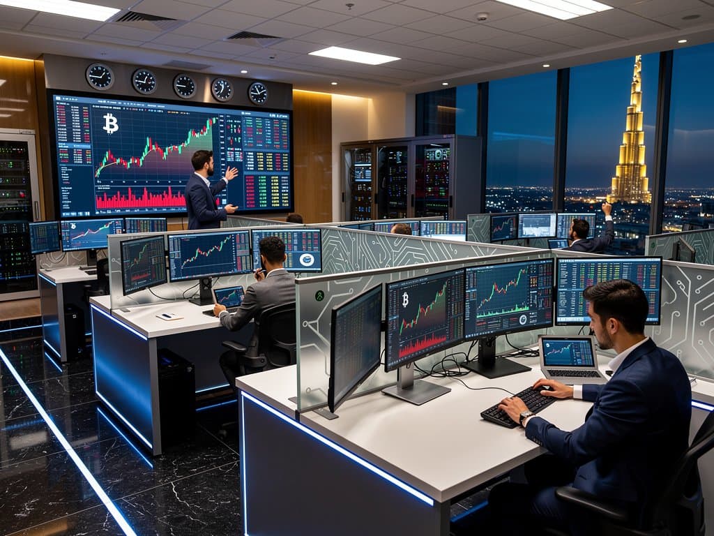 DIFC trading floor monitors BTC $75K, Fear & Greed 21, Iran cryptocurrency news against Gulf skyline