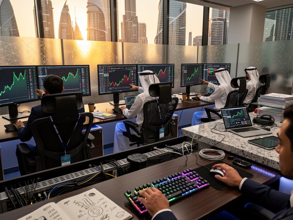 Traders at Gulf finance hub desks with charts of BTC, ETH, XRP; monitors, keyboards, and city skyline view