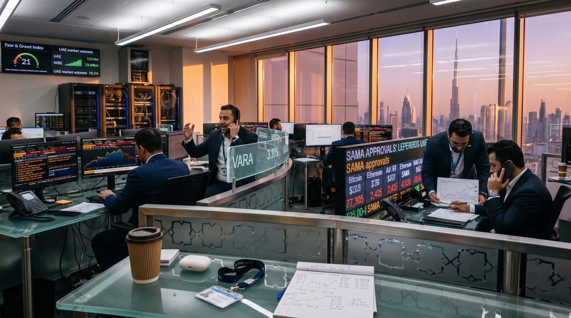 Traders at DIFC desks with Bloomberg terminals showing BTC $77K charts, glass partitions and Burj view in busy Dubai finance hub