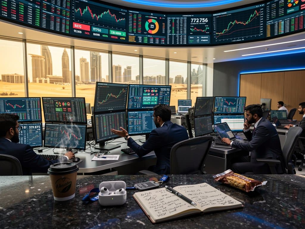 Analysts at Mubadala trading desks monitor BTC charts, Hormuz maps, and oil tickers on multi-screen setups in Abu Dhabi headquarters