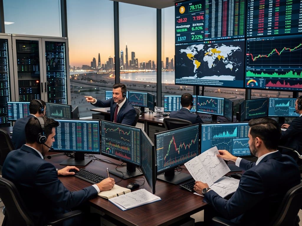 Modern trading floor with multi-monitors displaying Bitcoin at $78K and MicroStrategy surge charts, Gulf skyline view, Bloomberg terminals, evoking wealth and tech finance