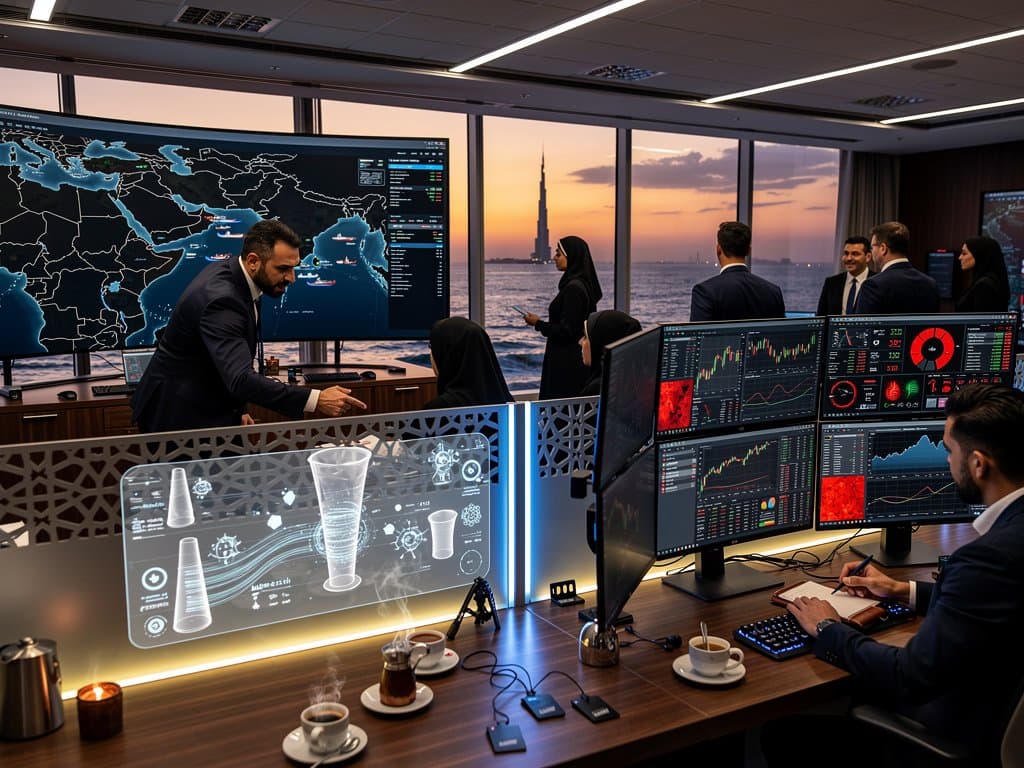 Dubai DIFC analysts track Hormuz tankers and Bitcoin surge on advanced trading screens amid Gulf energy tensions