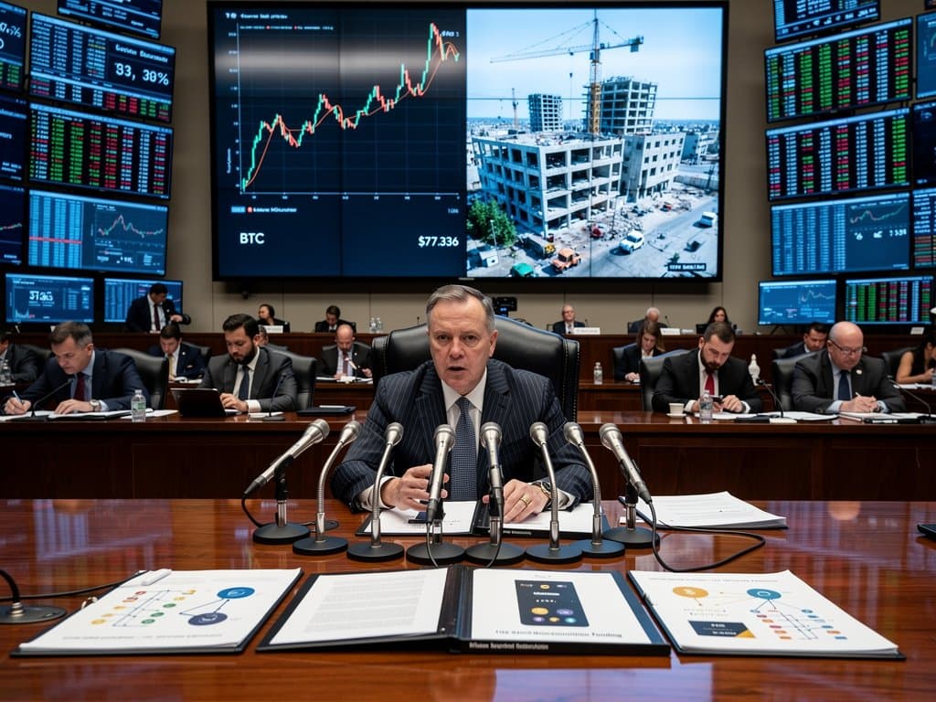 US Senate hearing room displays crypto charts and Gaza reconstruction visuals amid finance probe
