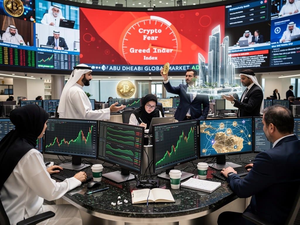 ADGM traders analyze Gaza crypto rebuild charts on screens amid Gulf finance displays