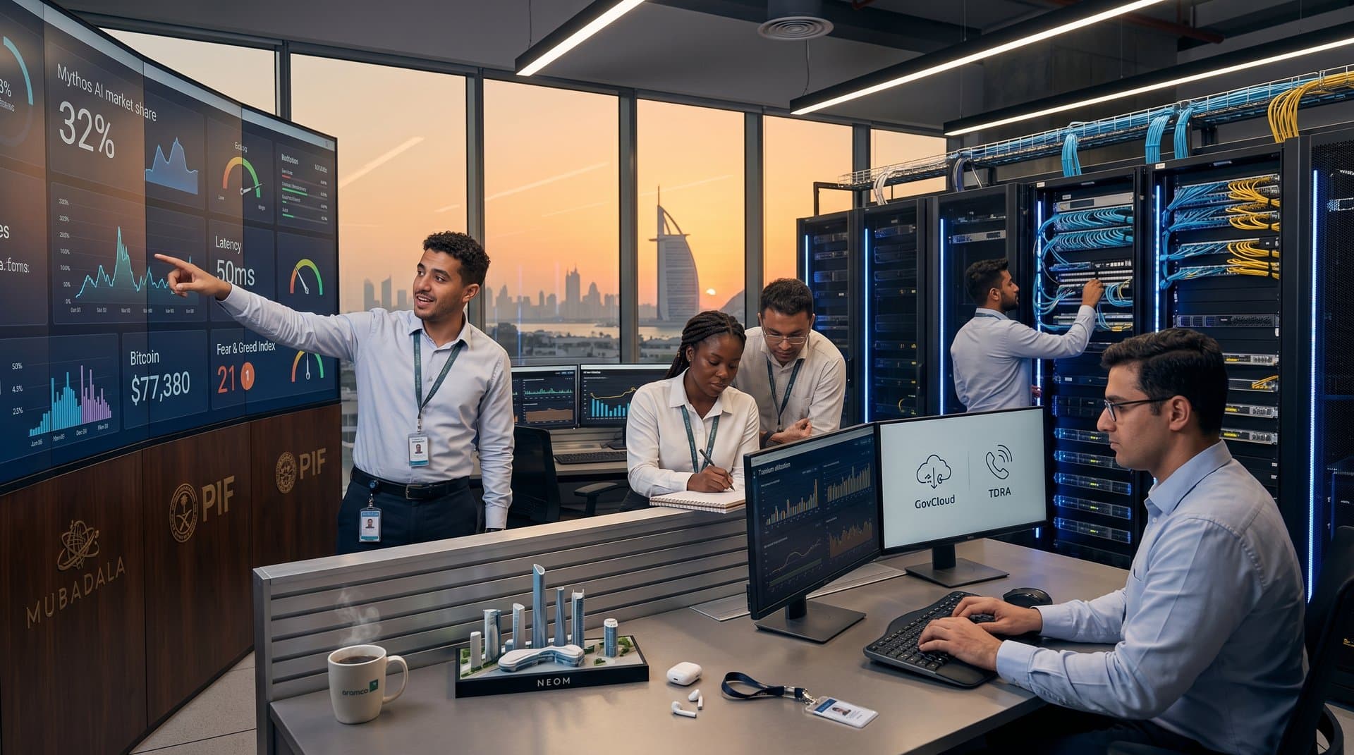 Cloud engineers at consoles with multi-screen AI dashboards and server racks in modern Dubai data center operations room