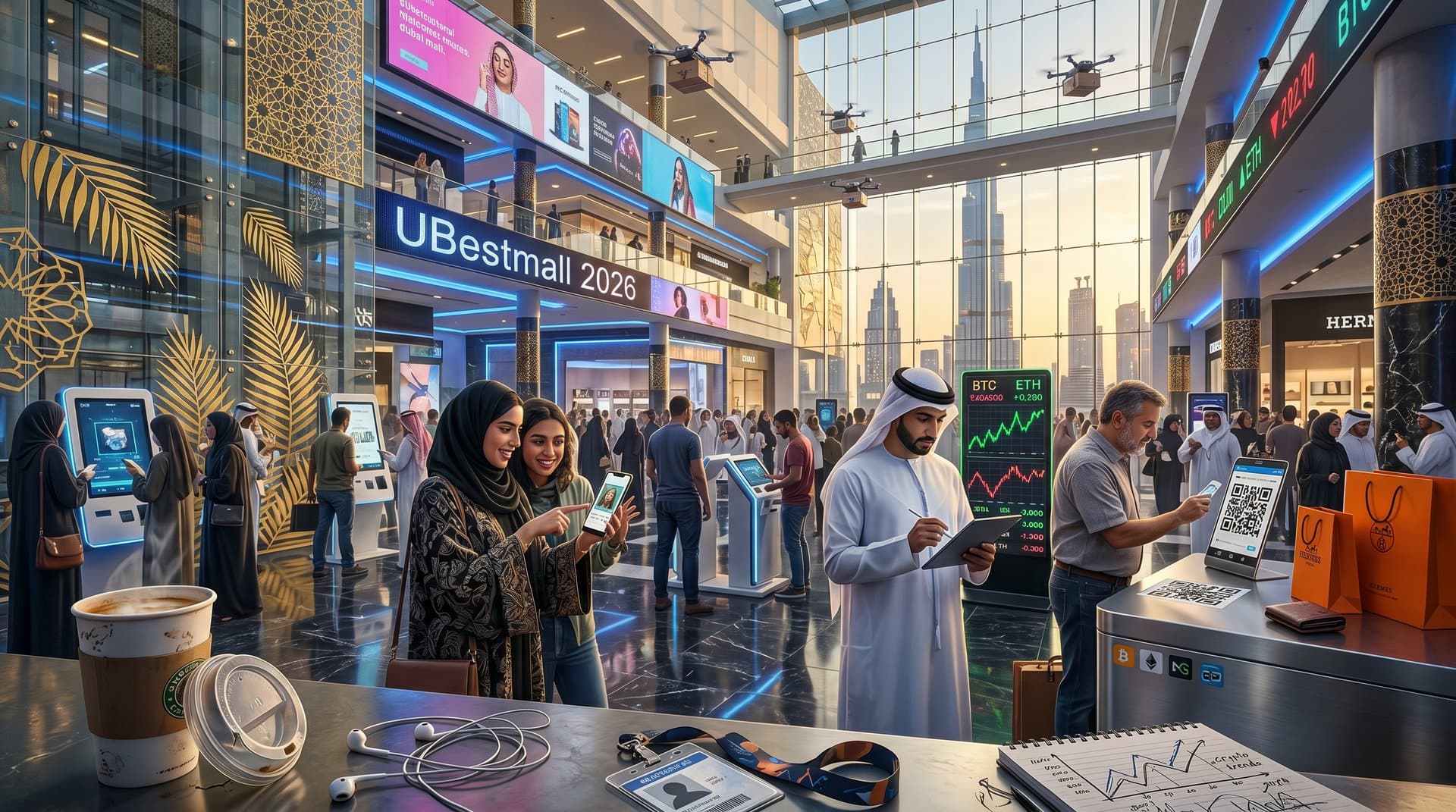 Futuristic Dubai mall with crypto checkout displays showing BTC $77k charts, VARA logos, and Gulf fintech elements