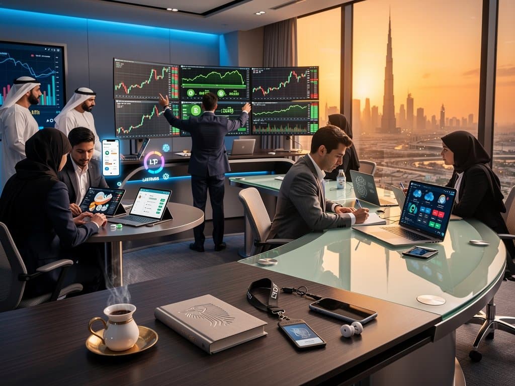 Fintech professionals monitor crypto charts on desks in DIFC hub with Dubai skyline, highlighting UAE blockchain and cloud innovation