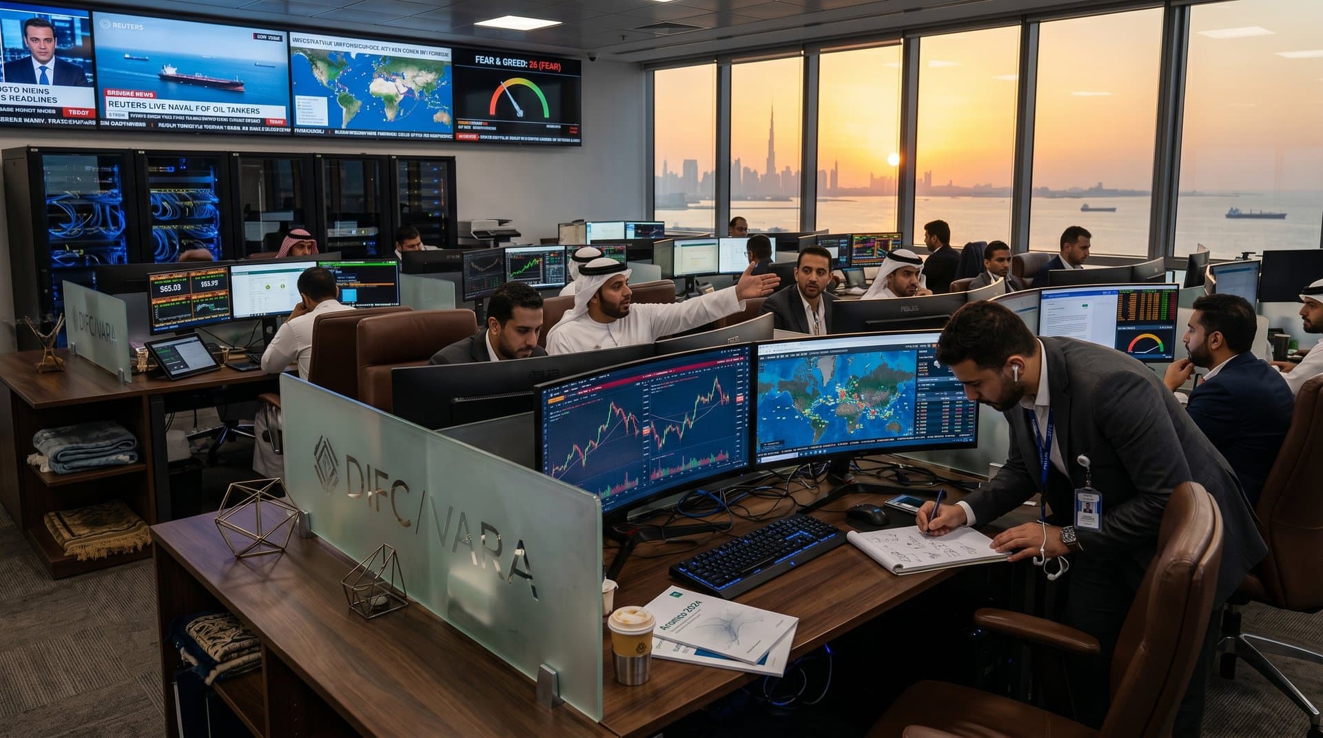 DIFC traders monitor crypto surges and Hormuz tensions on terminals with Gulf skyline view