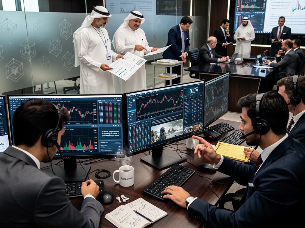 Traders at DIFC desks with multi-screens showing BTC charts and Gaza news amid executive discussions in modern financial hub
