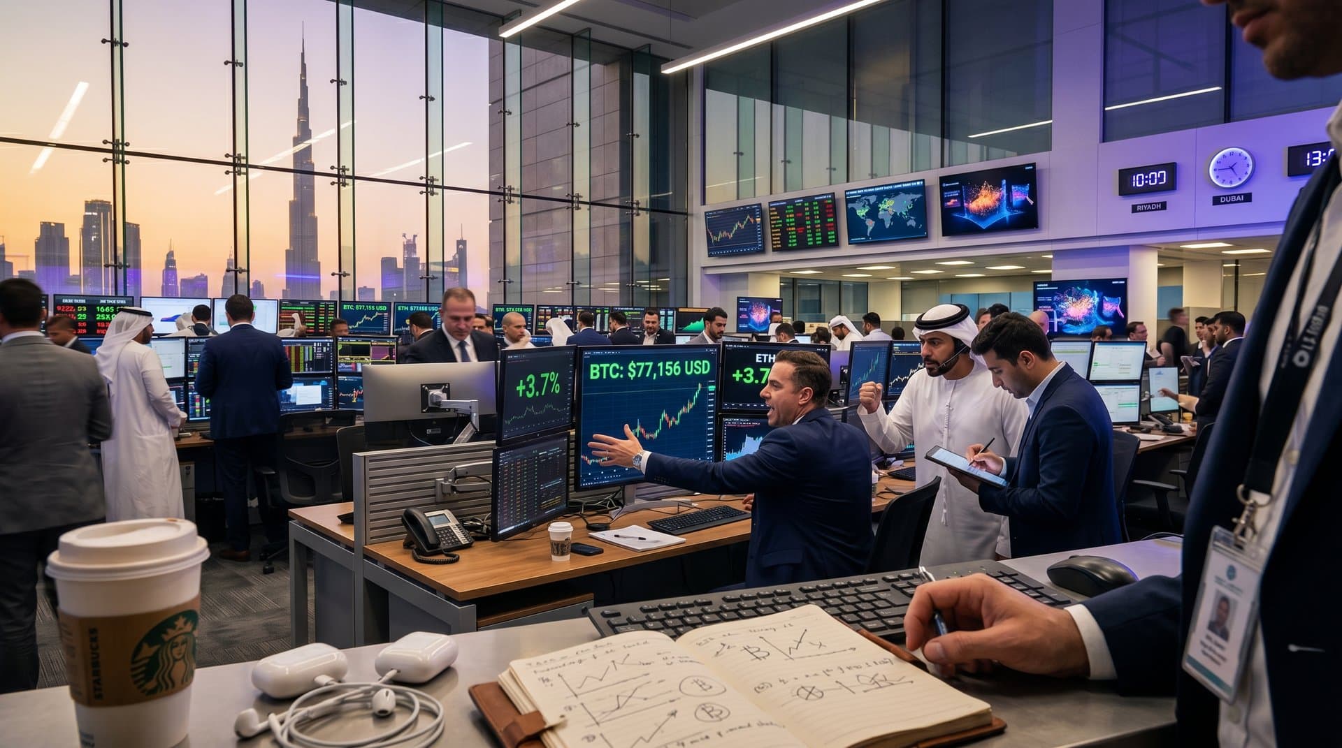 DIFC trading screens track Hormuz tensions crypto surge: Bitcoin at $77K USD, oil disruption maps, volatility indicators