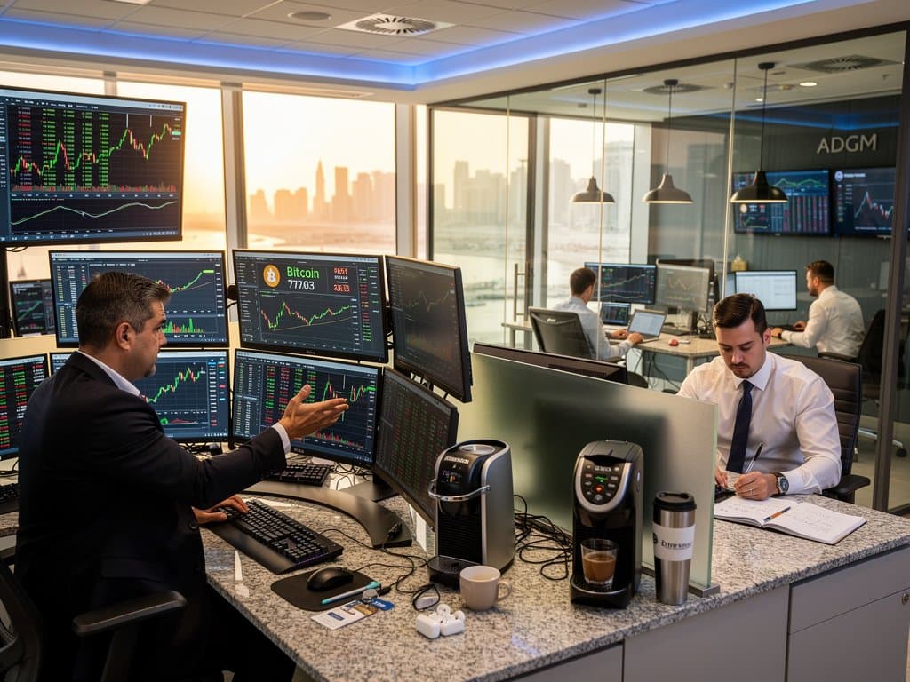 ADGM trading floor monitors showing Bitcoin at $77K, Fear Index 26, and Abu Dhabi skyline