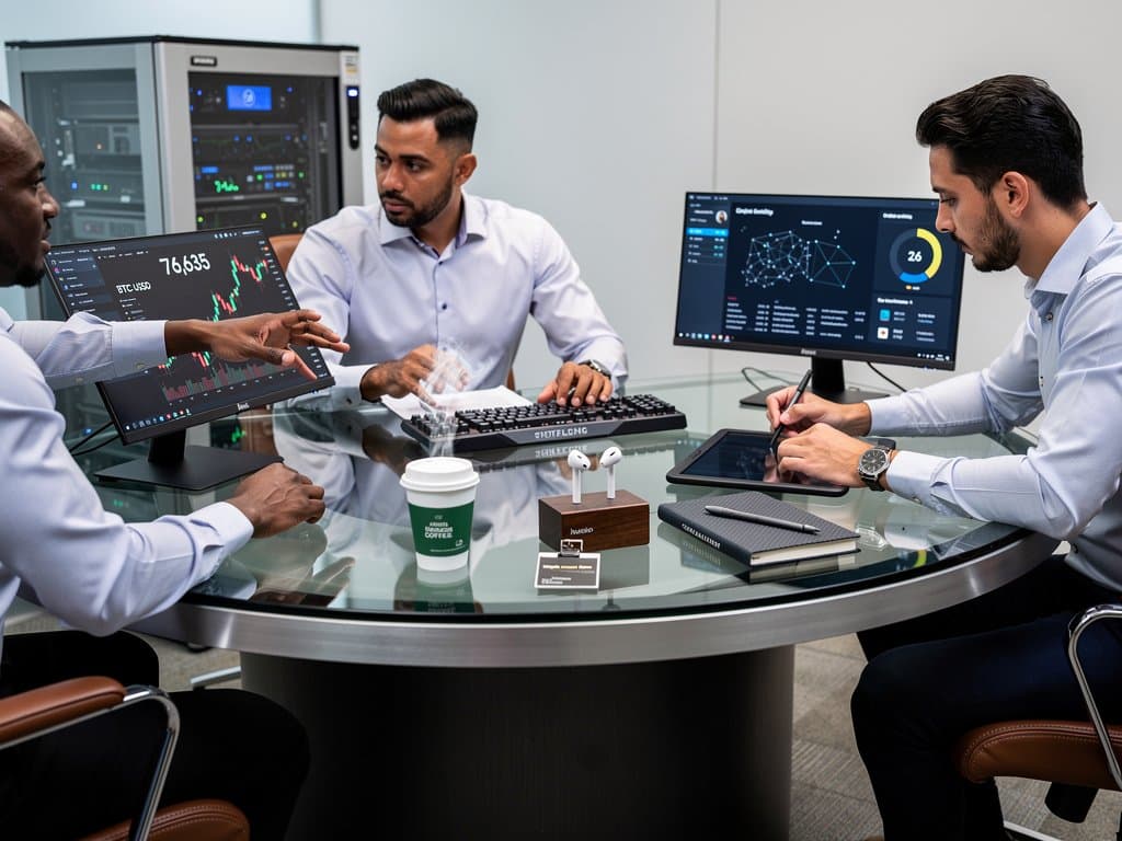 Fintech professionals analyze blockchain and crypto charts in UAE regulatory hub with monitors showing BTC prices and Fear Index