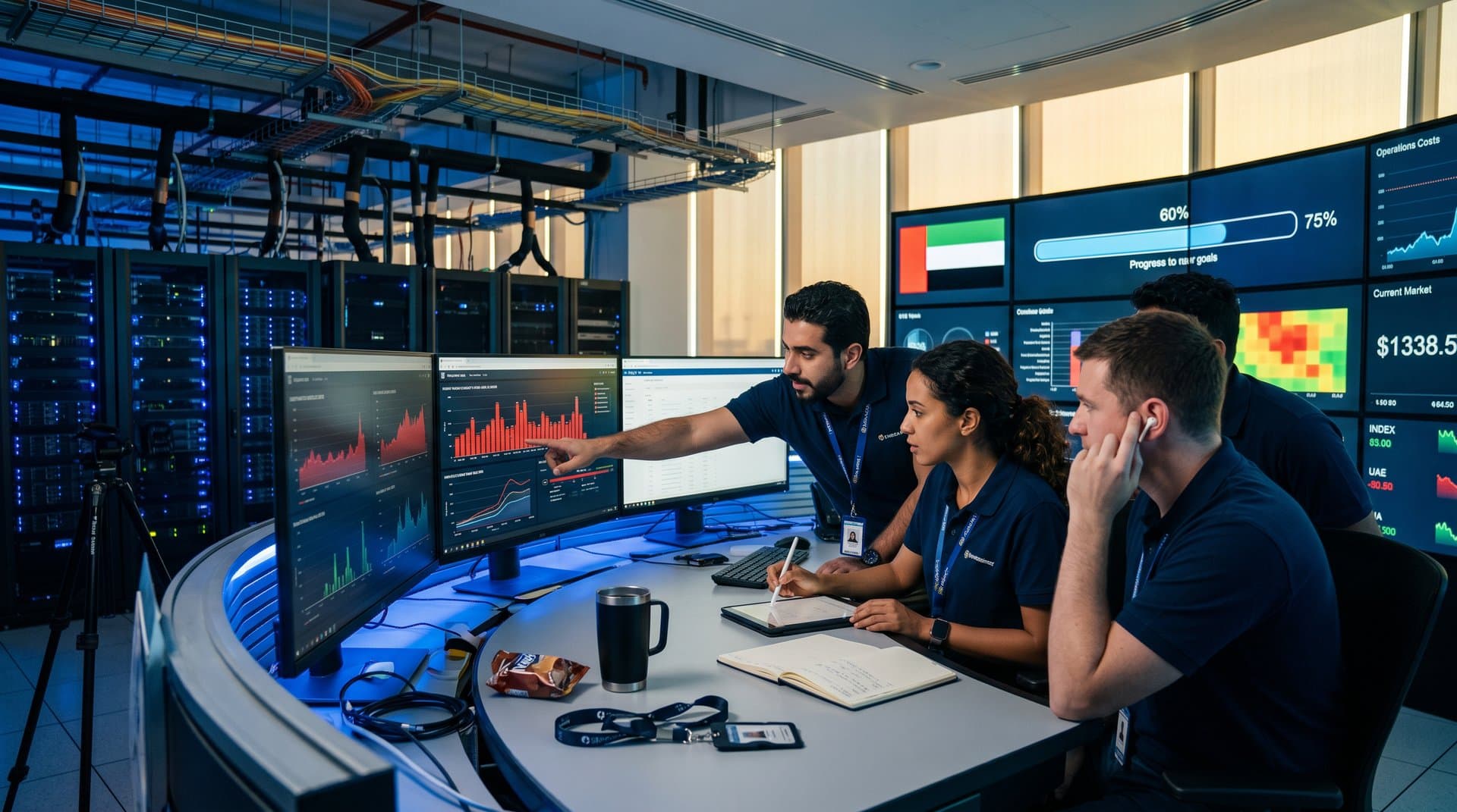 Engineers monitor token metrics on multi-screen consoles amid glowing server racks in Abu Dhabi Tier IV data center