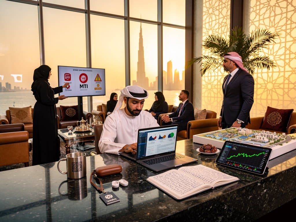 Fintech professionals analyze Orlando crypto Ponzi warnings on monitors in DIFC atrium with Gulf skyline