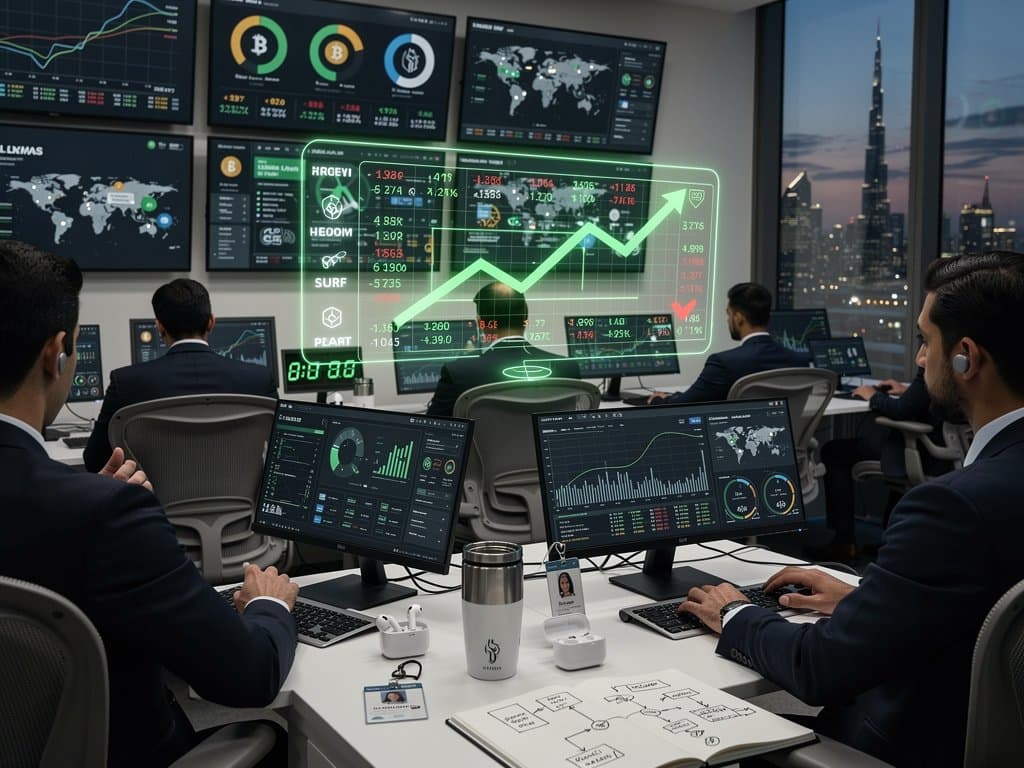 DIFC analysts monitor Gulf States Gaza Crypto Probe with BTC charts and Gulf skyline