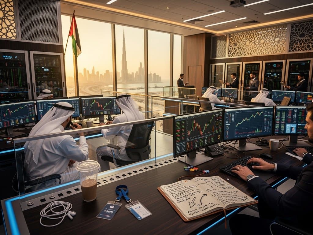 Analysts at Mubadala trading floor in Abu Dhabi review crypto charts on multi-monitors amid fintech discussions and skyline views